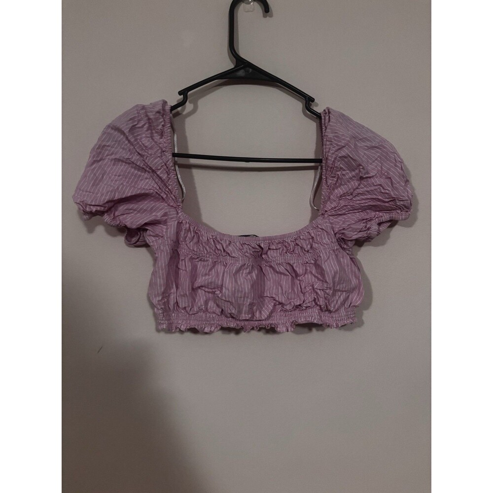 Zara Crop Top Womens Small Pink White Stripe Peasant Puff Short Sleeve Festival